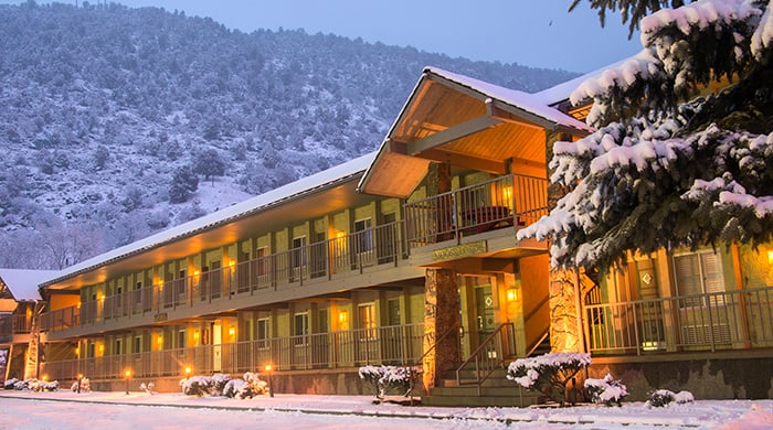 hotel exterior with snow